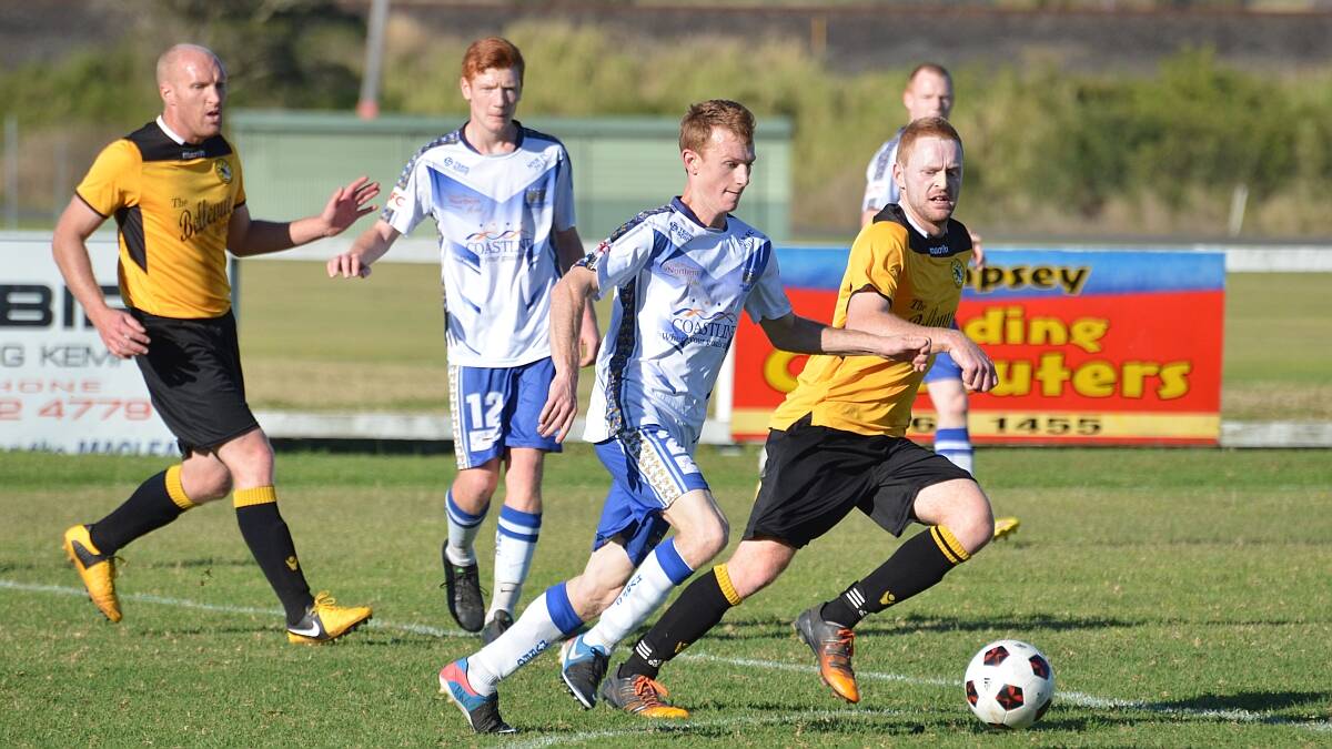On the ball: Sam Potter scored for Rangers in the first minute of their game against Tuncurry Forster Tigers on Saturday. Big brother Andrew scored 12 minutes later to help Rangers to a 2-1 win. Picture:Penny Tamblyn