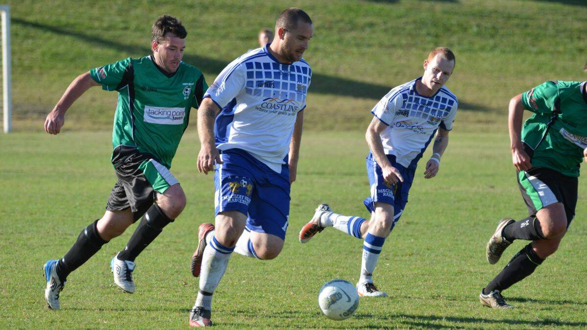 On song: Jeremy Masters, pictured in action in the previous round, scored twice against Wallis Lakes on Saturday, as the Macleay Valley Rangers qualified for yet another Mid North Coast Soccer grand final.