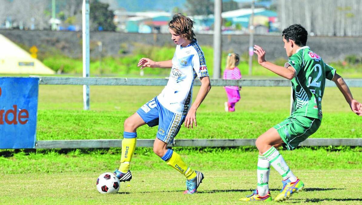 Dream debut: Jack Shaw (left), pictured in action for Macleay Valley Rangers reserves against Kempsey Saints, scored in his first senior start last Saturday