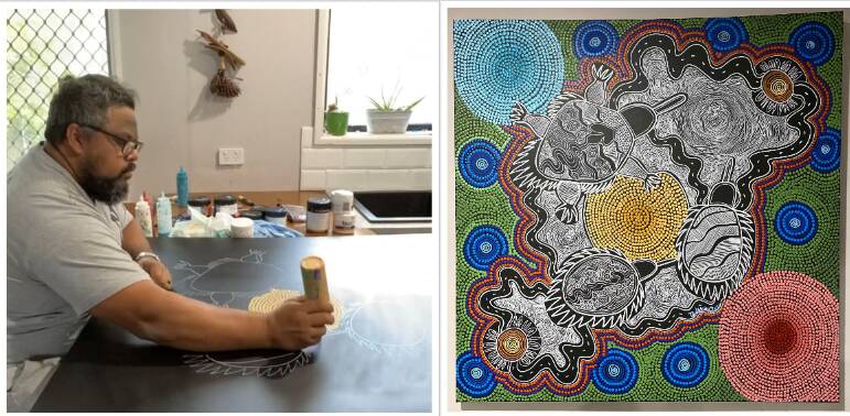 Pictured, left, Jason Ridgeway working on the nominated artwork 'Echidna Dreaming'. Right, the final result. Photo supplied