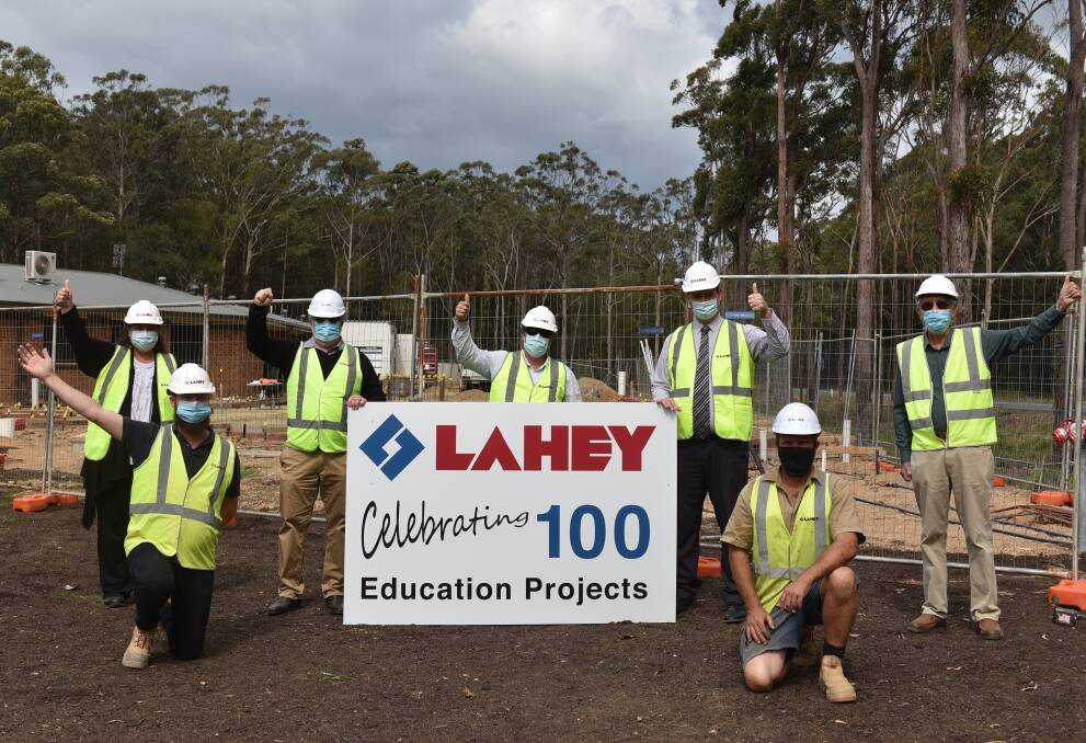 Laheys Project Manager Lachie Monro (front left) and Site Manager Glenn Marino (front right), with (rear, from left to right) NVCCS Business Manager Lyn Sellers, Lahey Regional Director Andrew Lahey, NVCCS Maintenance Manager Clint White, NVCCS Principal Jeff Allen, and NVCCS Project Manager Howard Penn.