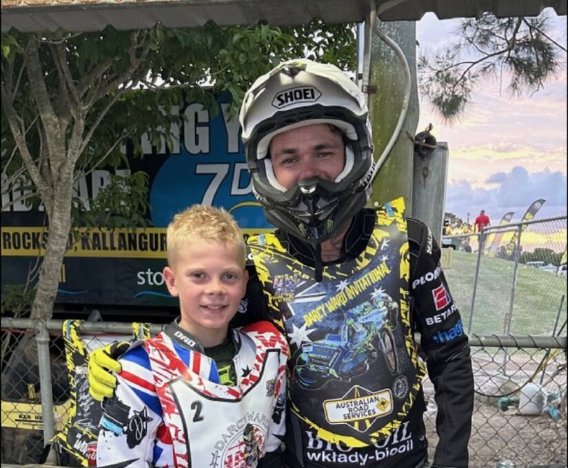 Sonny Spurgin with three-time Speedway GP world champion Tai Woffendin. Sonny met the world champion while racing as a support class at the 2023 Australian Speedway Championships in Brisbane on January 11. Picture supplied by Tim Spurgin