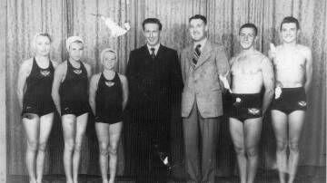 Kempsey Amateur Swimming Club at the NSW Country Champions in Narrandera  in 1951. (From L to R) Shirley Marshall, Margaret James, Robyn James, coach Neville Duke, secretary J.A. Adamson, R. Jeffery, Ron Cowley. Photo: Macleay River
Historical Society

