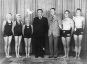 Kempsey Amateur Swimming Club at the NSW Country Champions in Narrandera  in 1951. (From L to R) Shirley Marshall, Margaret James, Robyn James, coach Neville Duke, secretary J.A. Adamson, R. Jeffery, Ron Cowley. Photo: Macleay River
Historical Society
