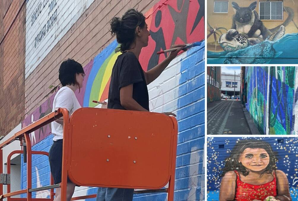 Left picture: Kempsey local Oliver Arvidson and artist Soraya Touma paint a mural in Aavages Lane. Right pictures: previous murals in Savages Lane. Pictures by Mardi Borg