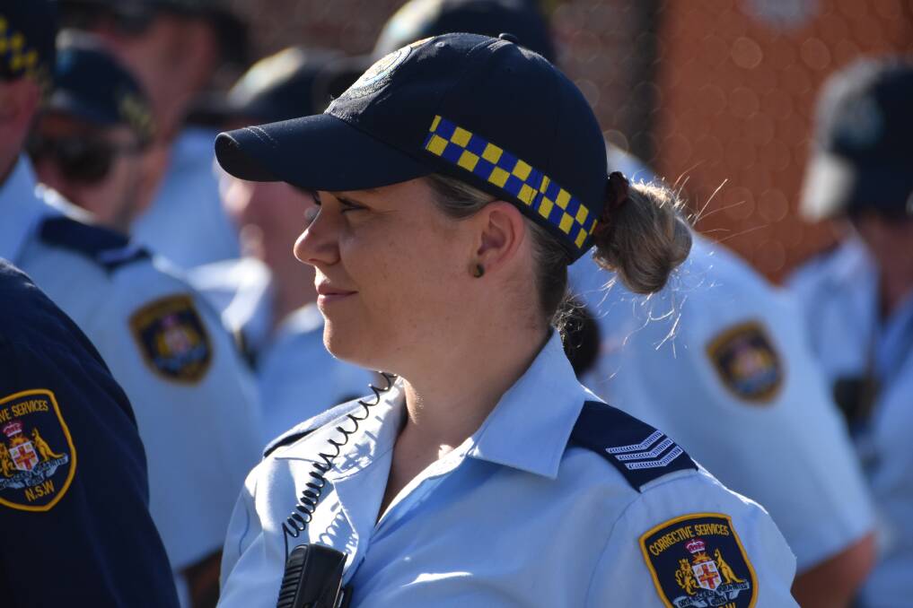 Mid North Coast Correctional Centre's senior correctional officer Samantha Henshaw lines up with her colleagues for morning roll call. Picture by Mardi Borg
