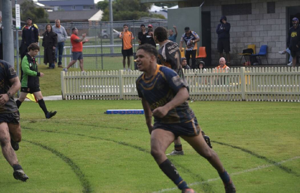 Miles Mongta, who has been selected in the Indigenous All-Stars vs All-Stars game, celebrating his match-winning try against the Wingham Tigers in 2021. Photo: Lachlan Harper