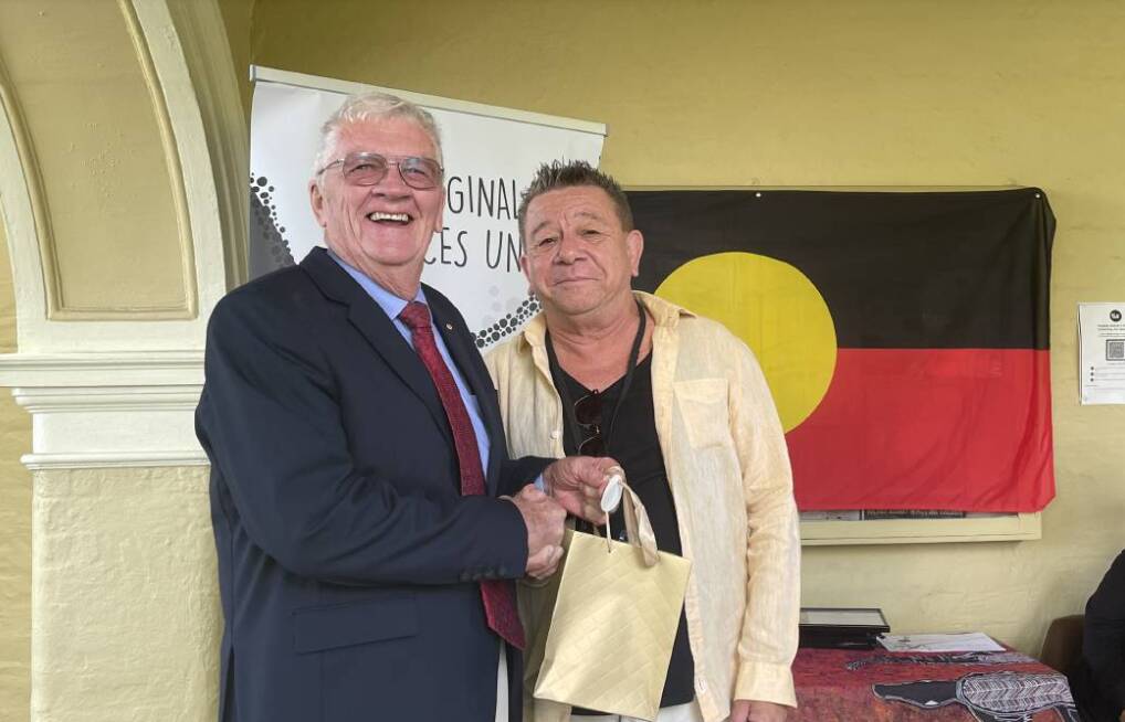 Retired magistrate Wayne Evans with Victor Darcy at the New South Wales Premier's Awards presentation in June. Picture by Mardi Borg
