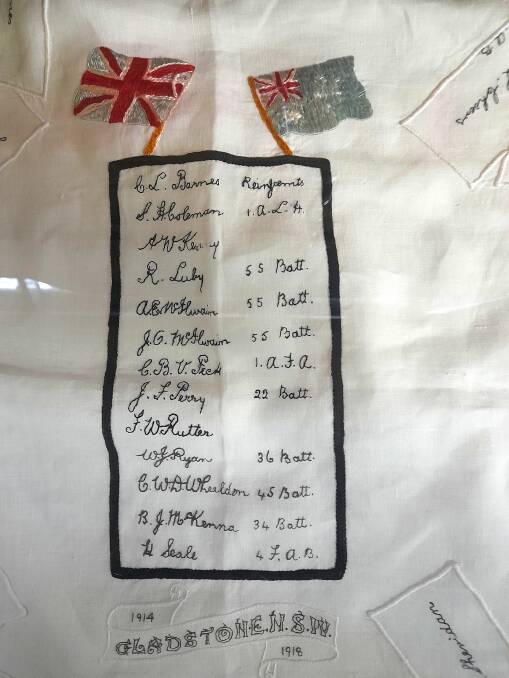 Detail of the centre of the tablecloth with names of fallen Gladstone soldiers. Picture:
MRHS.