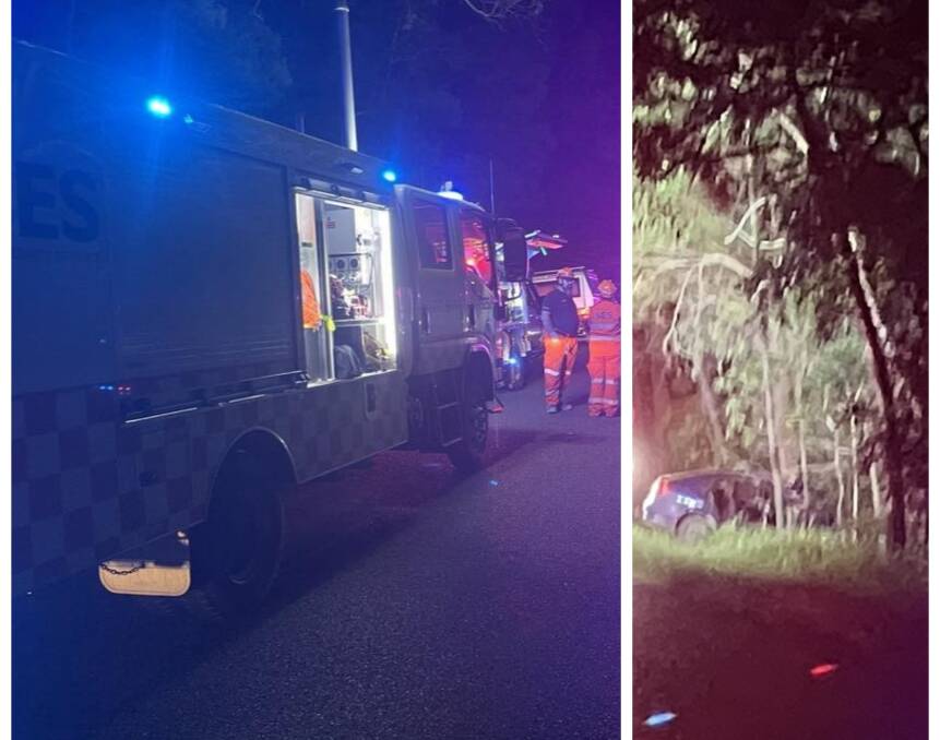 SES and NSW ambulance assessed two patients of a single-vehicle crash on Monday night (February 5) before being transported to Port Macquarie Base Hospital. Pictures supplied NSW SES Kempsey Shire.