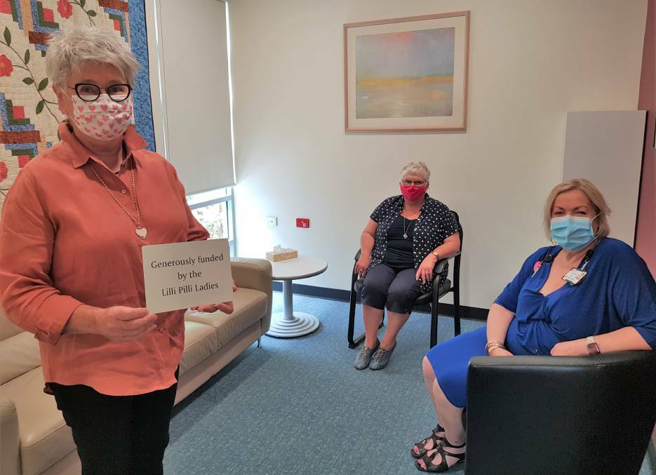 Lilli Pilli Ladies have donated numerous funds to the Port Macquarie Base Hospital over the years. Member Judy Saul and Robyn Mainey with Mid North Coast Cancer Institute Office Manager Robyn Davis in in one of the quiet rooms that was later refurbished by the group. File picture.