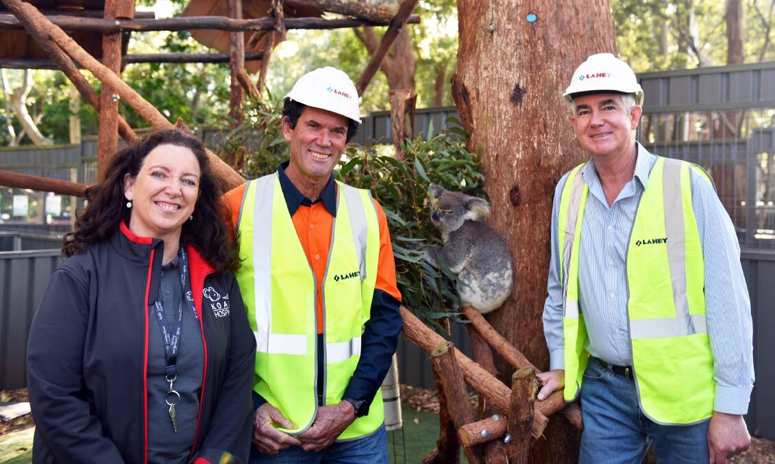 Koala Conservation Australia General Manager, Maria Doherty, with Lahey Constructions Site Manager Simon Tamblyn and Project Manager Neil Ussher who will be leading the construction of the Koala Conservation Breeding Facility to help koala's like Ocean "Summer". Picture supplied