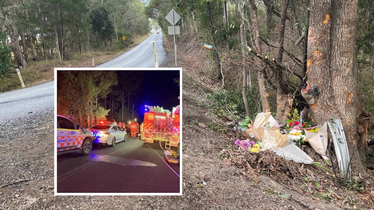 Flowers have been left in memory of the young man who died in a car accident at Gowings Hill Road, Dongdingalong. Picture supplied by Macleay Valley SES/ Emily Walker