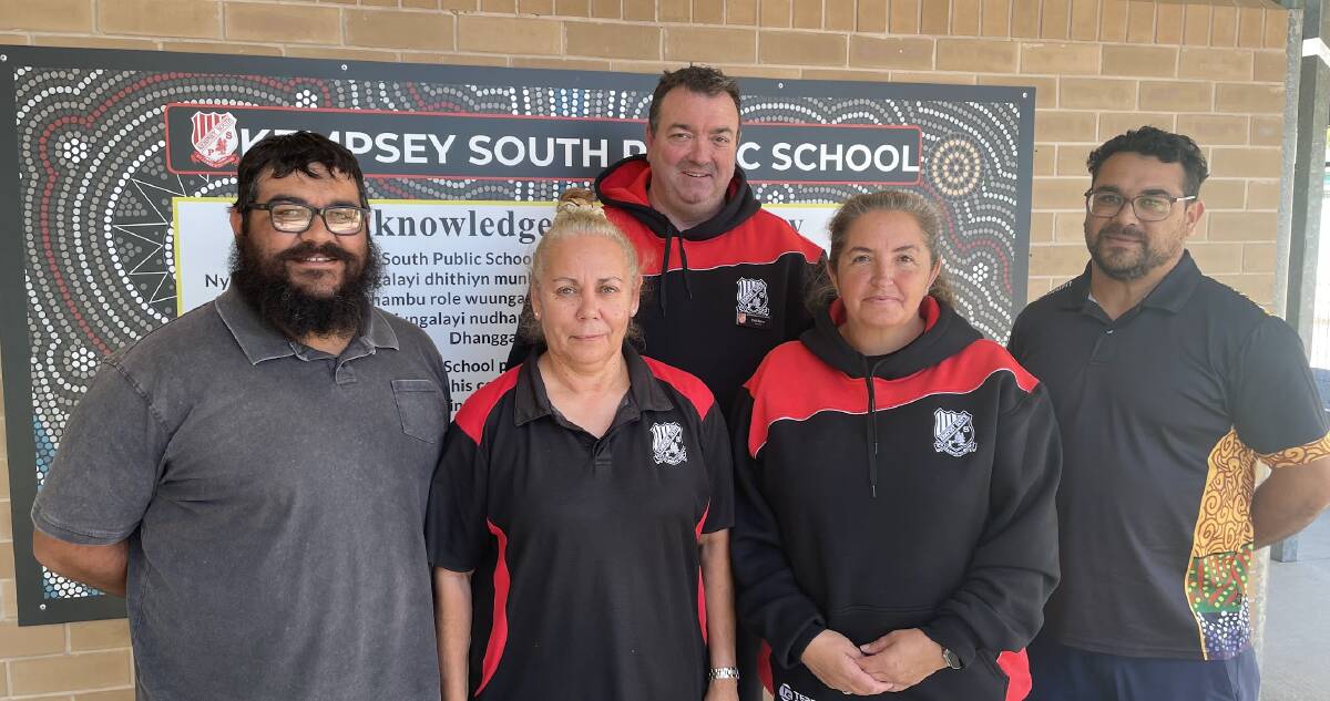 Kempsey South Public School are organising the largest National Reconciliation Week student walk in NSW with (LtoR) Aboriginal Education Officer Sam Drew, Aunty Kim Daley, Principal Paul Byrne, teacher Vicki Willoughby, and community engagement leader Alfred Drew. Picture by Emily Walker 