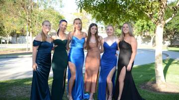 Eva Milner, Ella O'Neill, Alice Sutherland, Grace Warren, Elise Spokes and Samantha Brenton at the St Paul's College Year 12 formal. Picture by Jaspa Photography