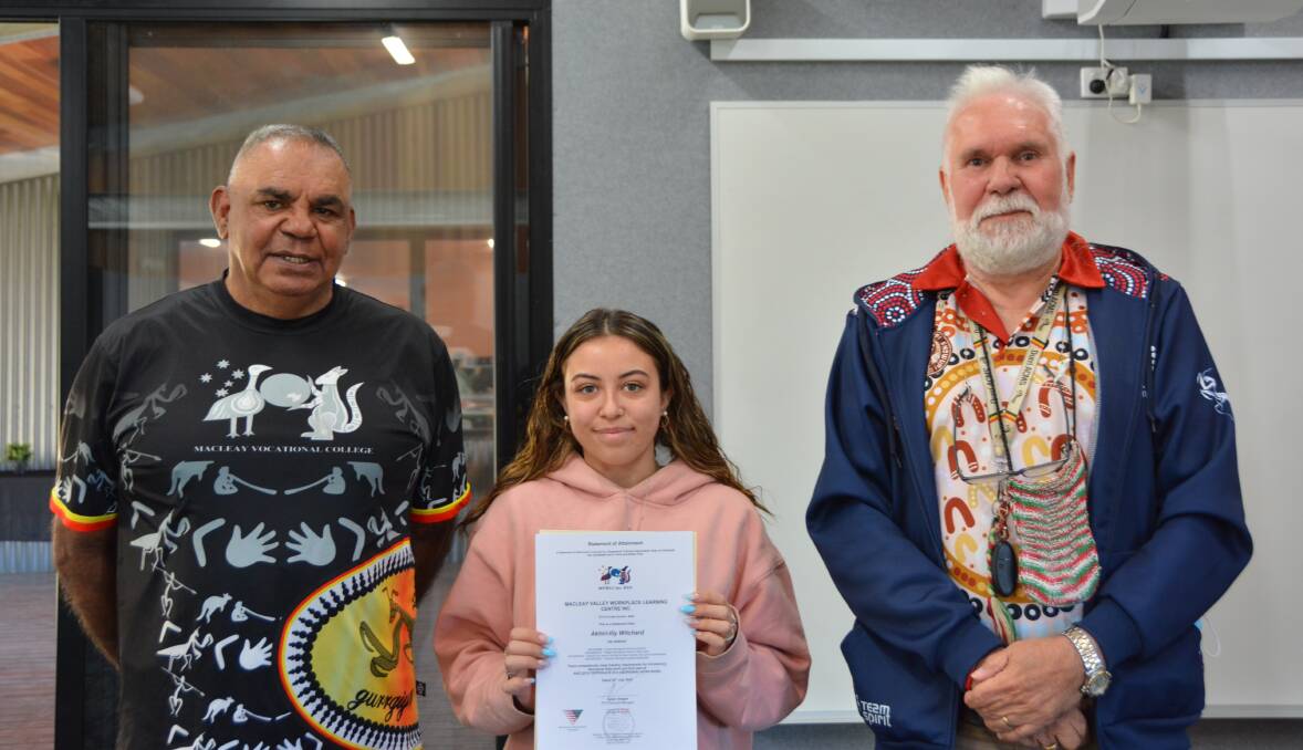 Member of the Kamilaroi tribe and Macleay Vocational College school captain Akhiri Parsons undertook all four units with the guidance of Uncle Barry Vale and Uncle Fred Kelly. Picture: Emily Walker