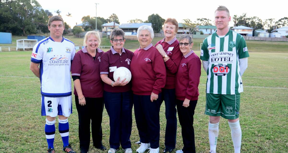 Charity: Macleay Valley Home Hospice president Lesa Morrison, Ros Hancock, Di Latham, Carolyn Erickson and Barbara Beauzeville with captains Paul Thurlow and Troy Ward