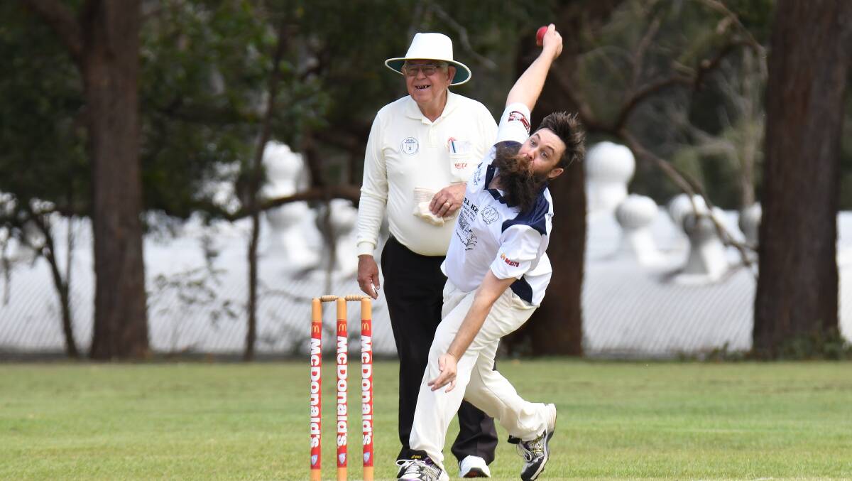 SPINNING OUT: Nulla skipper Ben Taylor, sporting an impressive beard, delivers the Kookaburra. Photo: Penny Tamblyn.