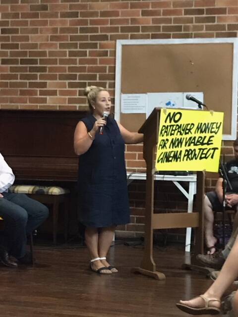 ABORT THE CINEMA PROJECT: Concerned citizen Renae Rootes addresses the crowd on Wednesday night at the Anglican Church.