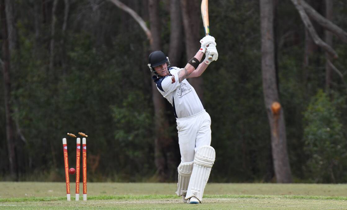 DISMISSED: A Nulla cricketer is clean bowled as the red leather goes crashing into the woodwork. Photo: Penny Tamblyn. 