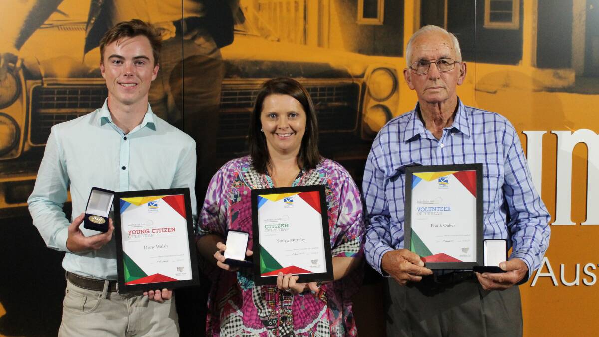 2017 AUSTRALIA DAY AWARD WINNERS: Young Citizen of the Year Drew Walsh, Citizen of the Year Sonya Murphy, and Volunteer of the Year Frank Oakes.