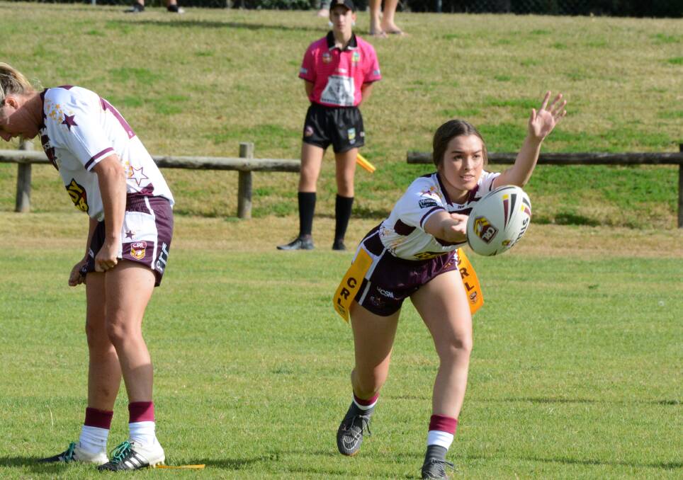 Aleah Clarke fires out a pass during the Group Three All Stars/Indigenous All Stars representative league tag game played earlier this year