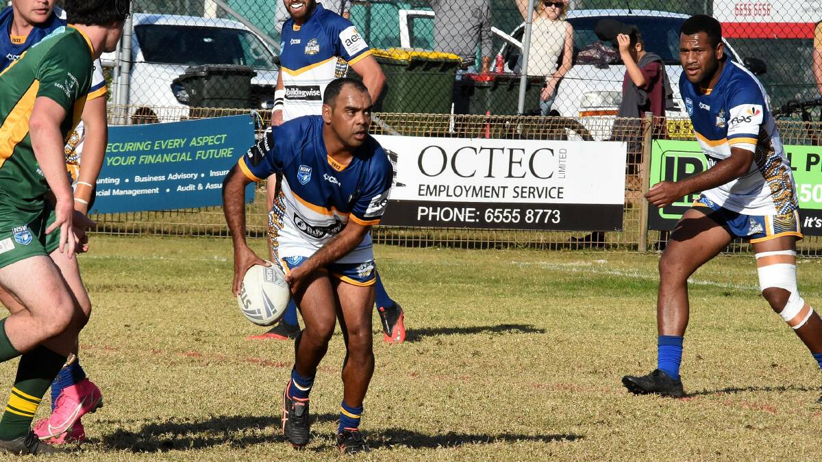 Macleay five-eighth al Webster looks for support during the clash with Forster-Tuncurry at Tuncurry. Photo Scott Cavin