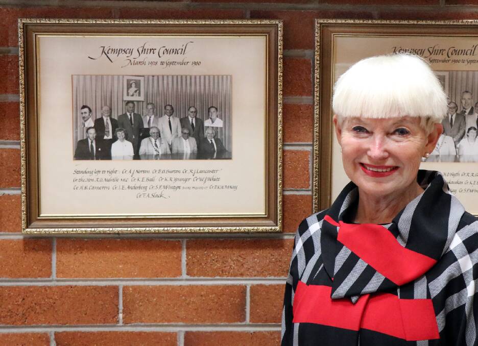 Liz Campbell alongside a photo of her father as a Kempsey Shire councillor
