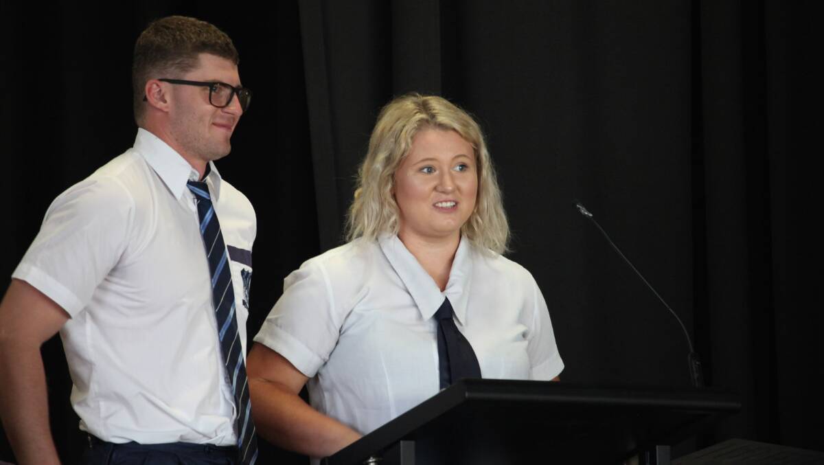 Jye Palise and Ruby Colling addressing the last whole school assembly