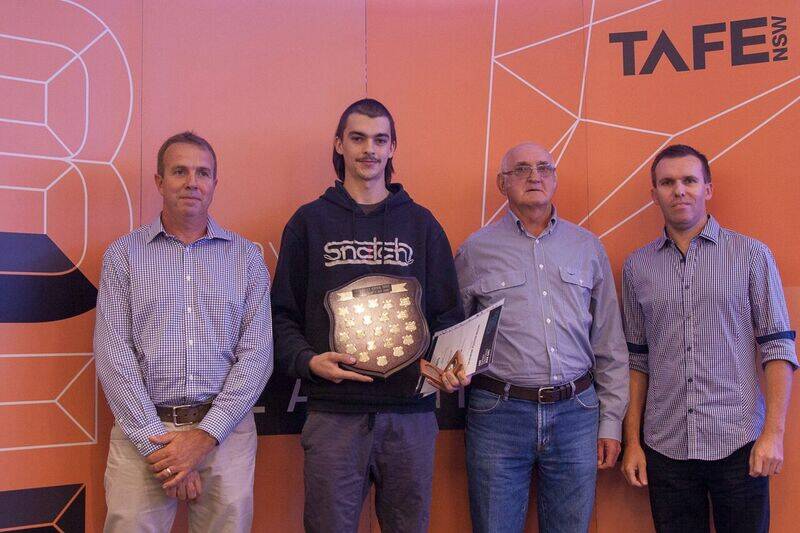Daniel Minihan with the Victor Silcock Memorial Award for Excellence by a Trade Student. Daniel is pictured with Jeff Bell, Denis Silcock and Kaleb Schmidt
