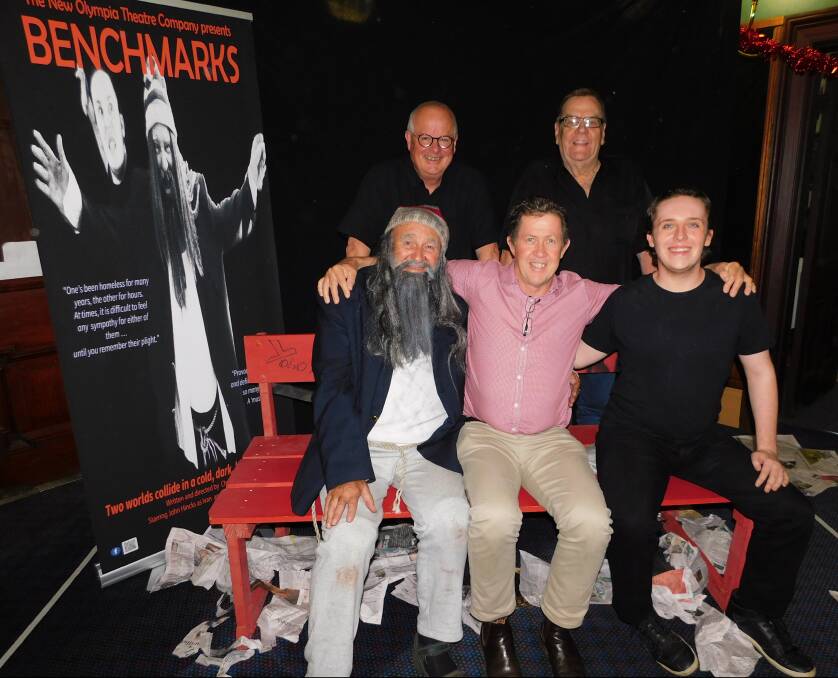 STAGE CALL: (from left) John Hincks, Chris Dockrill, Luke Hartsuyker, Lou Kesby and Chris Phillips on the set of Benchmarks with Ivan’s ‘blankets’ (aka newspapers) strewn about