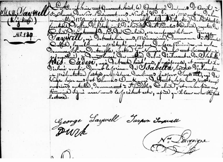 Birth registration for Isabella, daughter of George and Isabella Saywell, Calais 1848 (photo: Mrs Joan Hetherington)