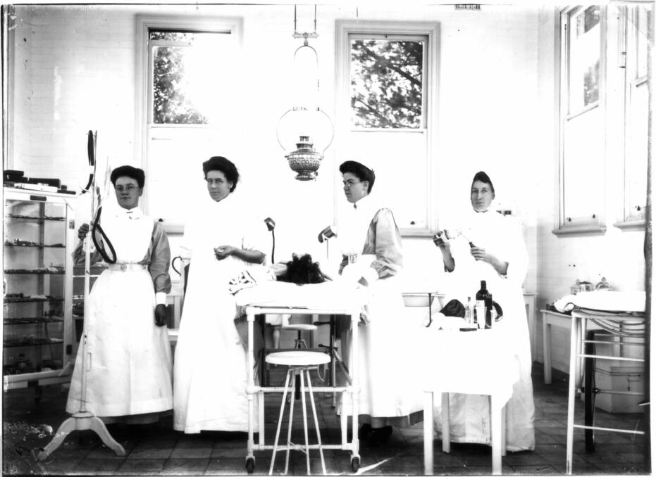 The operating theatre of Kempsey District Hospital in 1903: Matron Gulliford is third from left (MRHS Collection)