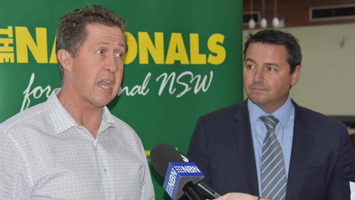 Luke Hartsuyker and Pat Conaghan face the Press at the Macksville Ex-Services Club. Photo: Christian Knight