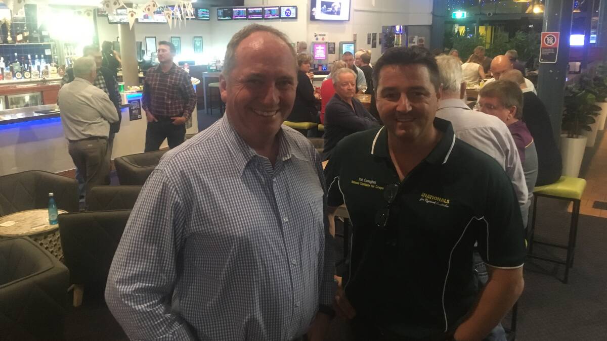 Barnaby Joyce and Pat Conaghan at the Golden Sands Tavern, Nambucca Heads, last night. Photo: Christian Knight