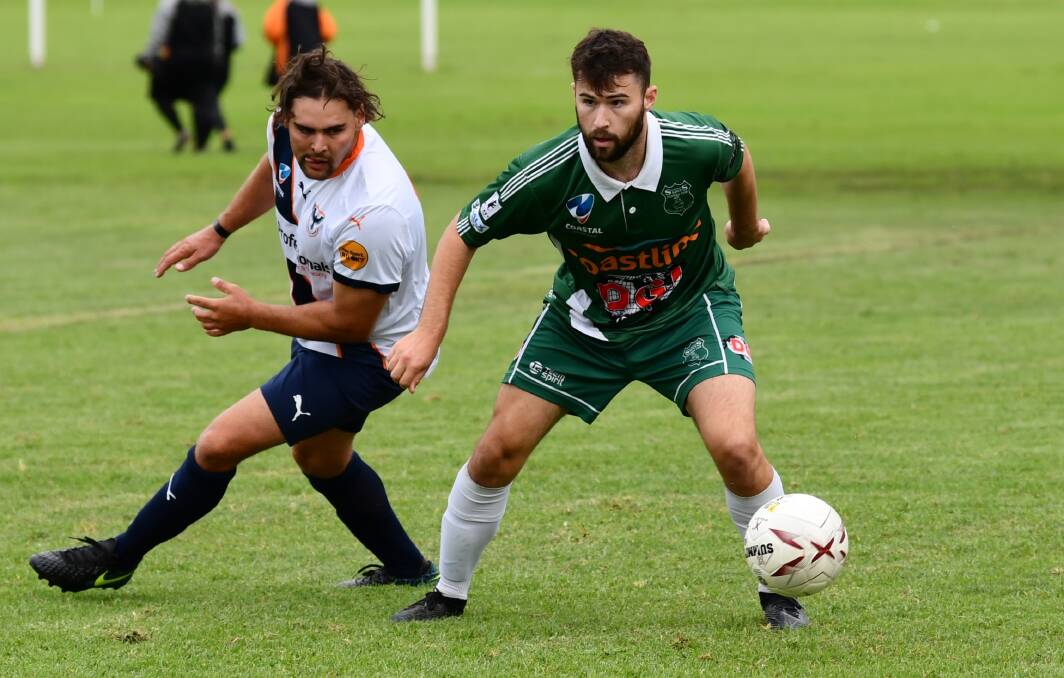 Evan Clarke (right, pictured against Southern United) scored two goals in Kempsey Saints' 3-2 win over Sawtell. Photo: Penny Tamblyn