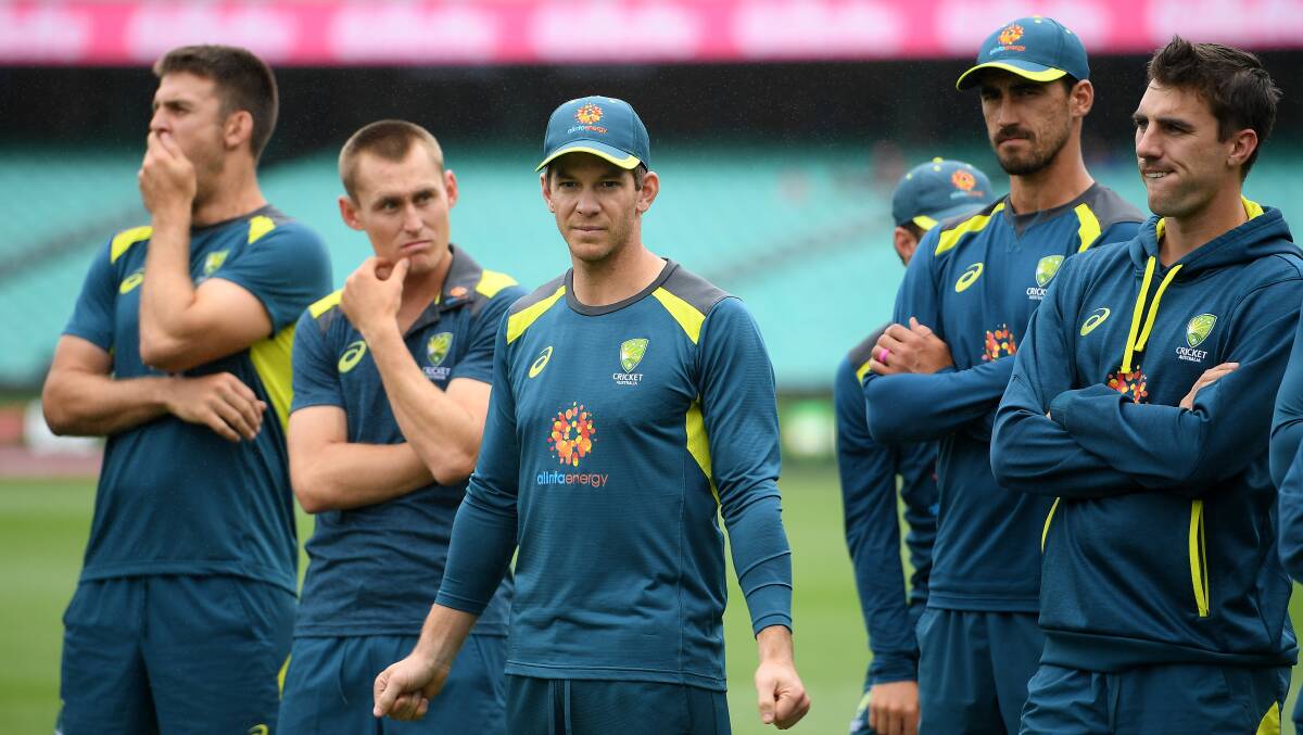 Learning curve: Australian captain Tim Paine (centre) watches on with teammates as India celebrate a 2-1 series victory over Australia. Photo: AAP/Dan Himbrechts