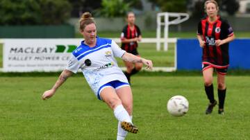 Shelby Coleman gets a pass away in the clash with Coffs United on May 7. Photo: Penny Tamblyn