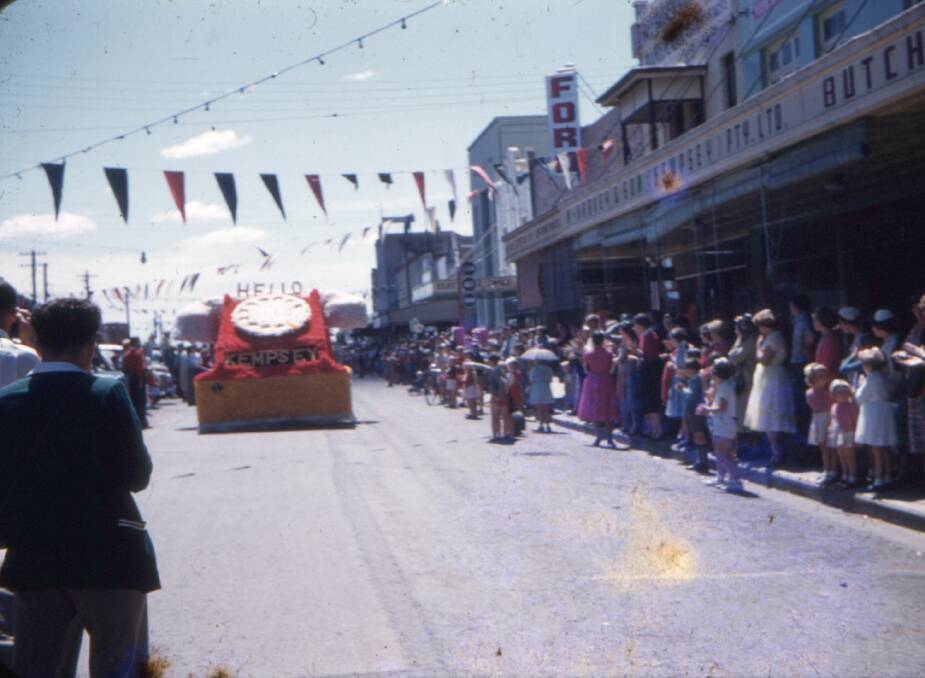 The 1956 Festival of Spring: The Kempsey District Telephone Office float moving down Smith Street (Thompson collection, MRHS)