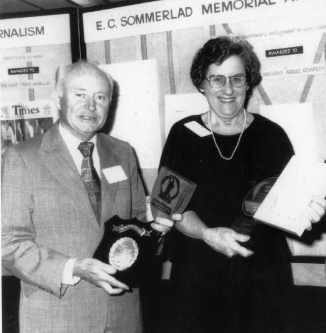 Pat Riggs receiving the E C Sommerlad award for best newspaper column in 1979 with Barry Chataway, proprietor of the Macleay Argus (MRHS).