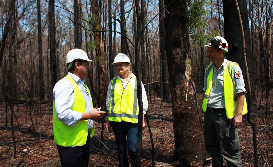 Mr Conaghan, Ms Ley and NSW National Parks and Wildlife Service Ranger Geoff James during an inspection of the bushfire impacts at Lake Innes Nature Reserve in January this year. 