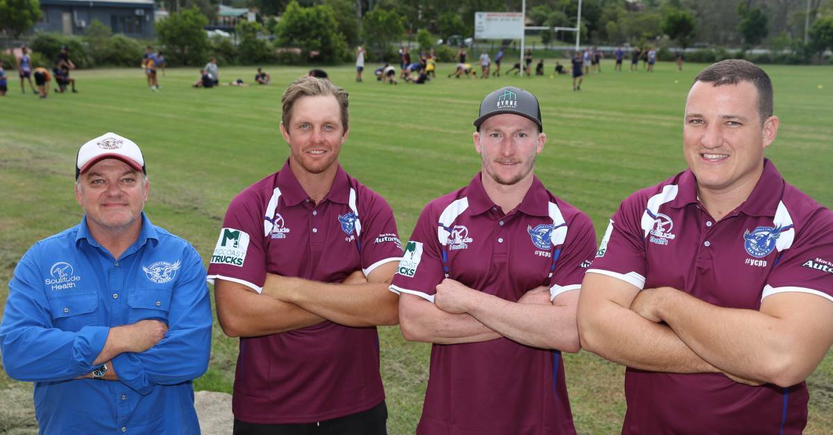 Back to the future: In March the Sea Eagles were ready for a huge 2020 season in their brand new (vintage) colours. Pictured: Dean Hillery, Matt Hyland, Joe Borg and Luke Shields