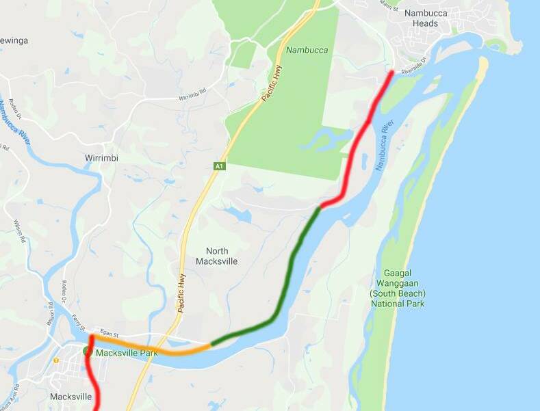 Macksville to Nambucca Cycle Link: Red - existing path, green - proposed path, orange - no bike path but safe cycling diversion via Nursery Rd and Bellevue Dr.