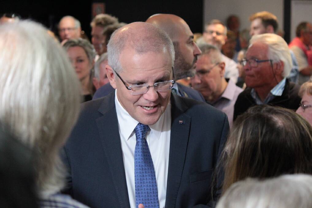 Scott Morrison greeting senior citizens at Port Panthers on May 9. Photo: Tracey Fairhurst.