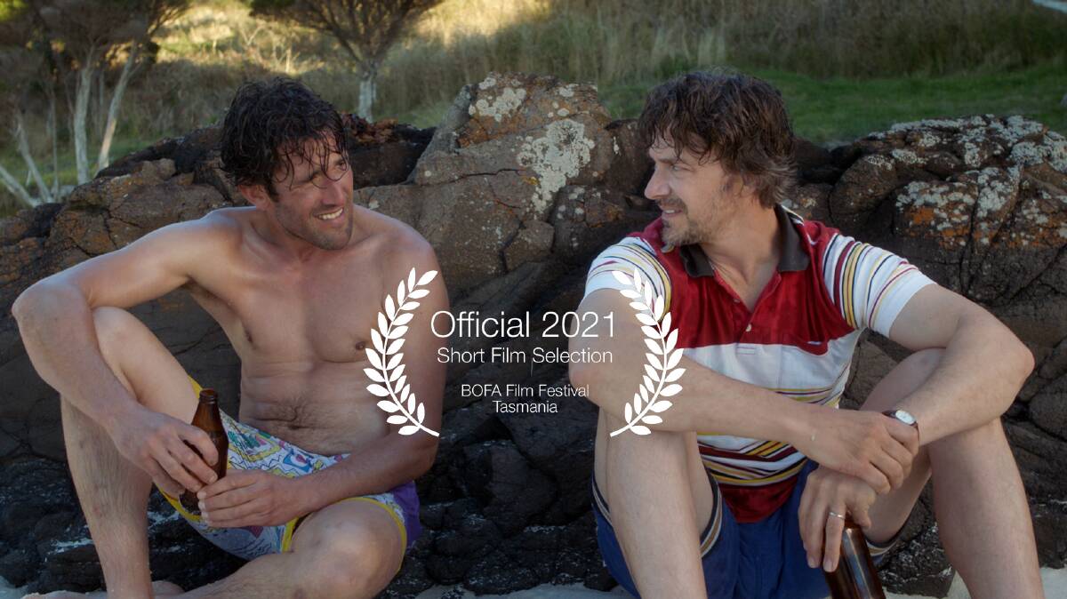 Main actors Alex Rendall (playing Tony Dicker) and Aaron Campbell (playing Mike Dicker) captured during a scene at Boat Harbour Beach. Picture: Supplied