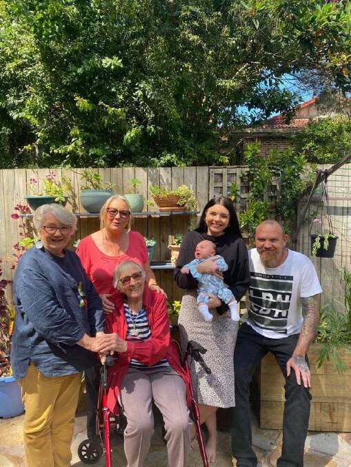 From left: Janette Avey, 78; Sharon Stoves, 61; Kiarra Sheehy, 21, holding Oakley Hibberd, 6 weeks; Benjamin Sheehy, 42 and in front Janet Avey, 98.