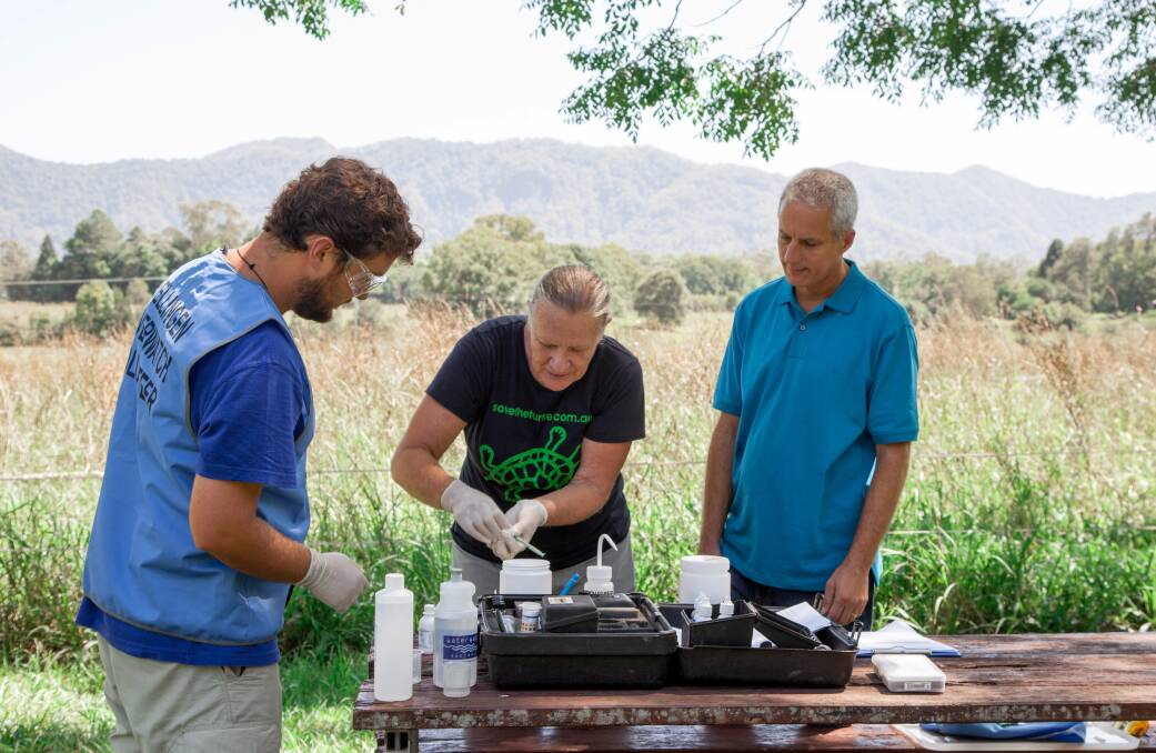 CITIZEN SCIENCE: Riverwatch volunteer Henare Degan water testing with Sue Lennox and Anton Juodvalkis. OzGREEN is an award-winning, Bellingen-based not-for-profit that operates nationally and internationally.  