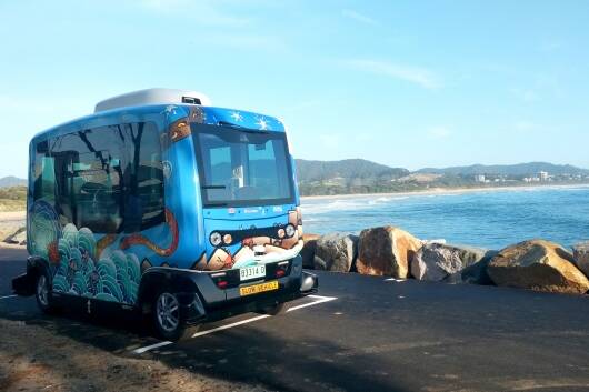 Busbot, the brightly painted driverless shuttle being trialled in Coffs, is a fully electric EasyMile EZ10 vehicle