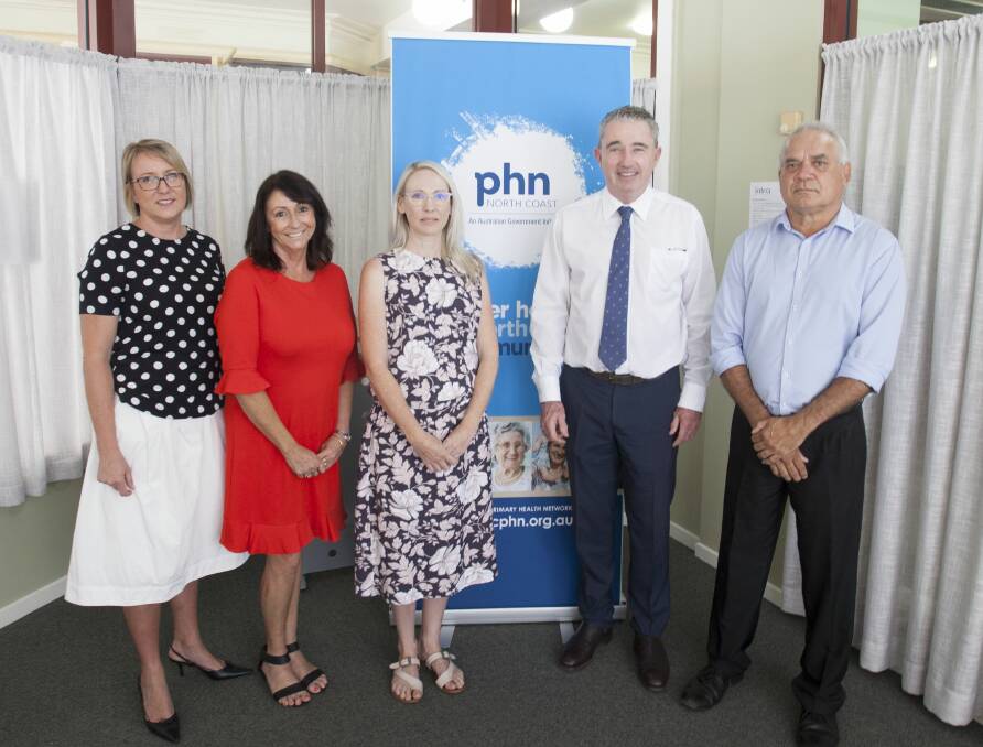 At the funding announcement: Julie Sturgess, CEO NCPHN; Leone Crayden, CEO The Buttery; Frances Pidcock, RPAS Coordinator, The Buttery, Page MP Kevin Hogan and Michael Randall, The Buttery.  