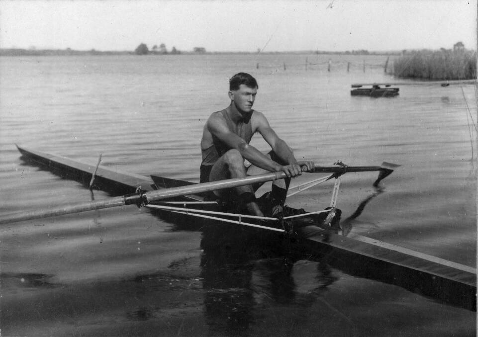 Tom Saul in rowing shell at Seven Oaks Macleay River 1919 (MRHS Collection)